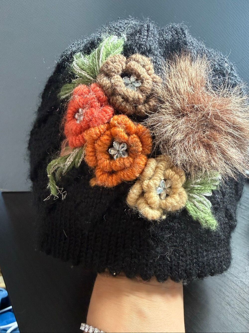 Black Floral Embellished Knit Beanie with Faux Fur Pom - Picture 4 of 6